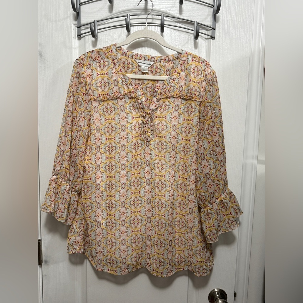 Christopher & Banks Blouse boho women’s‎ XL geometric print 3/4 bell sleeve EUC
